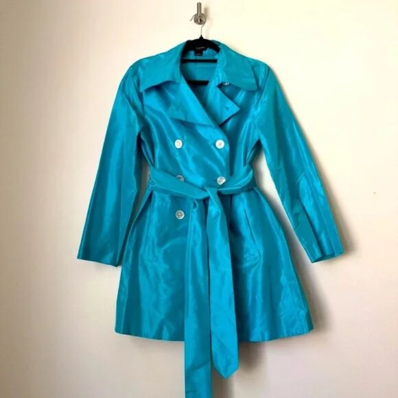 As Four Kate Spade 2005 Collab 100% Silk Teal Short Double-Breasted Trench Coat - Picture 1 of 14